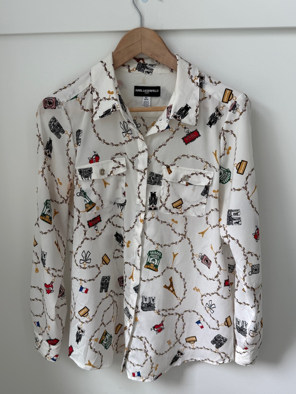 KARL LAGERFELD Paris White Chain Paris Icon Print Button Down Blouse M